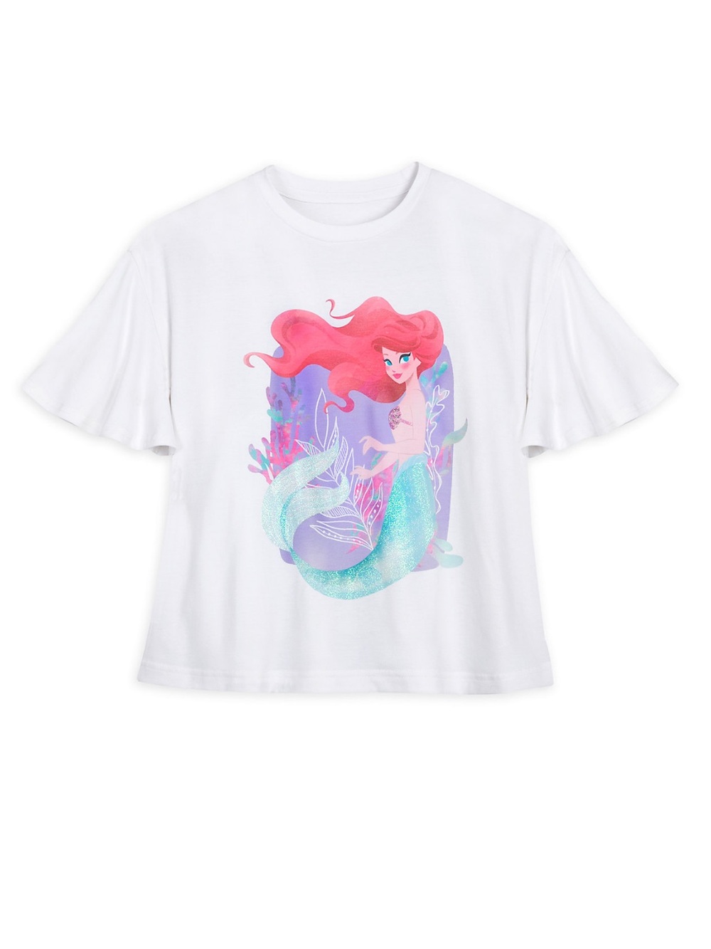 Little Mermaid Graphic Glitter Boxy Flutter Sleeve Tee